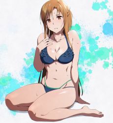 Rule 34 | 1girl, arm support, asuna (sao), bad anatomy, bare arms, bare legs, bare shoulders, barefoot, bikini, blue bikini, blush, braid, breasts, brown eyes, brown hair, cleavage, collarbone, commentary request, frilled bikini, frills, hand on own chest, hand up, highres, long hair, long legs, looking at viewer, medium breasts, navel, parted lips, puge, sitting, solo, stomach, swimsuit, sword art online, thighs, wet