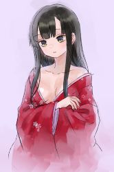 Rule 34 | 1girl, absurdres, ama-tou, black hair, breasts, cleavage, collarbone, crossed arms, expressionless, eyelashes, fingernails, floral print, highres, japanese clothes, kimono, long hair, looking away, medium breasts, neck, original, pink lips, purple background, simple background, solo, straight hair, tsurime, upper body, wide sleeves, yellow eyes