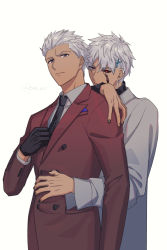 Rule 34 | 2boys, alternate costume, archer (fate), archer alter (fate), black gloves, black nails, black neckwear, cowboy shot, earrings, fate/grand order, fate/grand order: first order, fate/stay night, fate (series), fingernails, formal, gloves, grey eyes, grey hair, grey suit, hair ornament, hair slicked back, hairclip, hand on another&#039;s shoulder, hand on another&#039;s waist, heterochromia, hikaru (asteriskring), jewelry, looking at viewer, male focus, messy hair, mismatched sclera, multiple boys, nail polish, necktie, red eyes, red suit, standing, suit, tan, twitter username