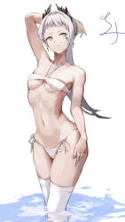 Rule 34 | 1girl, arknights, arm up, armpits, bare arms, bare shoulders, bikini, breasts, chinese commentary, cleavage, closed mouth, collarbone, cowboy shot, cross, cross earrings, earrings, grey eyes, grey hair, groin, hand on own thigh, head wings, highres, irene (arknights), jewelry, liuyu (pixiv37051244), long hair, looking at viewer, navel, reflection, reflective water, ribs, scar, scar across eye, scar on face, side-tie bikini bottom, signature, simple background, skindentation, small breasts, standing, stomach, swimsuit, thighhighs, thighs, wading, water, wet, white background, white bikini, white thighhighs, wings