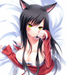 Rule 34 | 1girl, ahri (league of legends), animal ears, bare shoulders, black hair, blush, breasts, cleavage, collarbone, detached sleeves, facial mark, female focus, fox ears, fox tail, kiseno, kitsune mimi, korean clothes, large breasts, league of legends, long hair, looking at viewer, multiple tails, paw pose, smile, solo, tail, upper body, whisker markings, yellow eyes