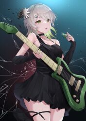Rule 34 | 1girl, absurdres, bare shoulders, black choker, black dress, black footwear, black nails, breasts, broken glass, choker, colored inner hair, deogho (liujinzy9854), detached sleeves, dress, artistic error, flower, glass, green eyes, green hair, grey hair, guitar, hair flower, hair ornament, hairclip, highres, instrument, jewelry, left-handed, long hair, long sleeves, looking at viewer, medium breasts, multicolored hair, music, necklace, open mouth, playing instrument, pleated dress, plectrum, skindentation, sleeves past wrists, solo, tearing up, thigh strap, viichan, virtual youtuber, waktaverse
