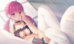 Rule 34 | 1girl, ahoge, aqua hair, blush, bra, braid, breasts, cat cutout, cat lingerie, choker, cleavage, cleavage cutout, clothing cutout, colored inner hair, drill hair, foreshortening, frilled bra, frills, hand up, highres, hololive, knees apart feet together, large breasts, lingerie, long hair, looking at viewer, meme attire, milk box (leoleo963852741), minato aqua, multicolored hair, nail polish, navel, no shoes, open mouth, panties, purple eyes, purple hair, sitting, solo, thighhighs, thighs, twin drills, twintails, two-tone hair, underwear, virtual youtuber, white thighhighs