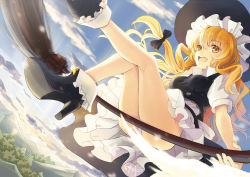 Rule 34 | 1girl, :d, absurdres, apron, black dress, black footwear, blonde hair, boots, bow, braid, broom, broom riding, day, dress, frilled dress, frills, from below, hair bow, hat, high heel boots, high heels, highres, kirisame marisa, legs, open mouth, outdoors, panties, puffy sleeves, round teeth, scarlet moon, shoes, side braid, sidesaddle, single braid, smile, solo, teeth, thighs, touhou, underwear, waist apron, white panties, witch hat, yellow eyes