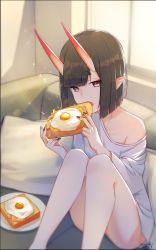 Rule 34 | 1girl, absurdres, black hair, black nails, blunt bangs, bread, bread slice, convenient leg, couch, eating, eyeshadow, fang, fate/grand order, fate (series), food, full body, highres, horns, knees up, makeup, nail polish, naked shirt, off shoulder, on couch, pointy ears, purple eyes, red eyeshadow, sawarineko, shirt, short hair, shuten douji (fate), sitting, skin-covered horns, solo, thick eyebrows, toast, white shirt, window