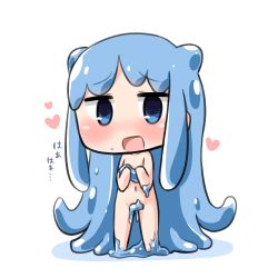 Rule 34 | 1girl, :d, absurdly long hair, blue eyes, blue hair, blush, chibi, commentary request, convenient censoring, double bun, full body, hair bun, half slime-chan, hana kazari, hands up, head tilt, heart, holding, long hair, looking at viewer, monster girl, navel, nude, open mouth, original, slime girl, smile, solo, standing, translated, very long hair, white background