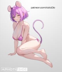 Rule 34 | 1girl, ai-assisted, animal ears, areola slip, aztodio, bare arms, bare legs, bare shoulders, barefoot, bikini, blush, bob cut, breasts, cleavage, closed mouth, collarbone, feet, gradient background, grey background, hair between eyes, hair intakes, large breasts, looking at viewer, mouse ears, mouse girl, mouse tail, one eye closed, original, patreon username, pink bikini, pink eyes, pink hair, pink theme, side-tie bikini bottom, smile, solo, string bikini, swimsuit, tail, thighs, toes, tongue, tongue out, watermark, web address