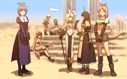 Rule 34 | 6+girls, :3, animal ears, arrow (projectile), belt, black gloves, black hair, black socks, blonde hair, blurry, blurry background, book, boots, bow (weapon), breasts, brown hair, capelet, character request, commentary request, cross, cross necklace, day, desert, dress, elbow gloves, fake halo, fingerless gloves, flower, flower on head, gauntlets, gloves, goggles, goggles on head, green hair, grey eyes, hairband, halo, hat, highres, holding, holding book, holding bow (weapon), holding staff, holding weapon, index finger raised, jewelry, juliet sleeves, kneehighs, long hair, long sleeves, looking at another, looking at viewer, medium breasts, medium hair, midriff, multiple girls, navel, necklace, outdoors, pantyhose, pelvic curtain, pink eyes, pink hair, poring, puffy sleeves, purple dress, purple eyes, rabbit ears, ragnarok online, red hairband, ruins, rustle, sheath, sheathed, shoes, short hair, short sleeves, side slit, slime (creature), smile, socks, staff, stomach, sword, v arms, weapon