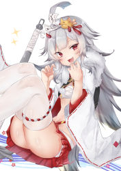 Rule 34 | 1girl, alternate costume, anchor, azur lane, budget sarashi, commentary request, grey hair, hair ornament, hibiki (azur lane), highres, horns, japanese clothes, long hair, long sleeves, looking at viewer, navel, nayuta hilo, oni, open clothes, open mouth, red eyes, sarashi, simple background, smile, solo, stomach, thighhighs, thighs, weapon, white background, white thighhighs