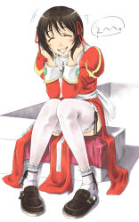 Rule 34 | 1girl, artist name, black hair, blush, box, brown hair, closed eyes, cross, cross necklace, dated, dress, grin, hair ribbon, hands on own face, happy, jewelry, knees together feet apart, kuboshun, laughing, long sleeves, necklace, pendant, puffy long sleeves, puffy sleeves, ragnarok online, red dress, ribbon, ribbon-trimmed legwear, ribbon-trimmed thighhighs, ribbon trim, sash, seven flavor spice, short hair, sitting, slippers, smile, socks, solo, teeth, thighhighs