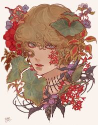 Rule 34 | 1boy, bishounen, blonde hair, blue eyes, closed mouth, curly hair, flower, flower request, hair between eyes, highres, kagoya1219, leaf, looking at viewer, male focus, original, personification, portrait, purple flower, red flower, short hair, signature, simple background, solo, white background