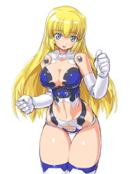 Rule 34 | 10s, 1girl, altrene, bad id, bad pixiv id, blonde hair, blue eyes, breasts, busou shinki, cleavage, dd (ijigendd), doll joints, elbow gloves, gloves, joints, large breasts, long hair, looking at viewer, navel, open mouth, simple background, solo, thighhighs, white background, white gloves, white thighhighs