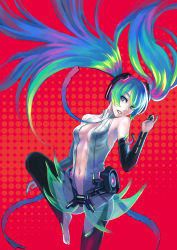 Rule 34 | 1girl, absurdres, bare shoulders, barefoot, center opening, circle, detached sleeves, fingerless gloves, gloves, hatsune miku, hatsune miku (append), highres, long hair, multicolored eyes, multicolored hair, navel, simple background, smile, solo, utu (ldnsft), vocaloid, vocaloid append