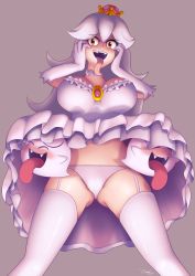 Rule 34 | 1girl, 2others, assisted exposure, blush, boo (mario), breasts, dress, fangs, garter straps, highres, large breasts, long hair, looking at viewer, luigi&#039;s mansion, mario (series), multiple others, nintendo, open mouth, panties, pantyshot, princess king boo, red eyes, solo, super crown, thighhighs, tongue, tongue out, underwear, white hair, zelc-face