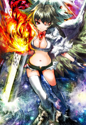 Rule 34 | 1girl, adapted costume, arm cannon, bad id, bad pixiv id, bird wings, black gloves, black hair, bow, breasts, calligraphy brush (medium), cape, cleavage, colored pencil (medium), crop top, cutoffs, fingerless gloves, gibagiba, gloves, glowing, glowing weapon, hair bow, jewelry, large breasts, midriff, navel, one eye closed, open fly, pendant, red eyes, reiuji utsuho, short shorts, short sleeves, shorts, single glove, smile, solo, strapless, thighhighs, third eye, touhou, tourniquet505, traditional media, tube top, unzipped, weapon, white thighhighs, wings, wink