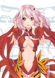 Rule 34 | 10s, 1girl, breasts, center opening, cleavage, detached sleeves, dress, fingerless gloves, gloves, guilty crown, hair ornament, hairclip, highres, kai (link2262), long hair, looking at viewer, navel, open mouth, outstretched hand, pink eyes, pink hair, smile, solo, twintails, yuzuriha inori
