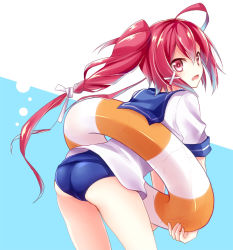 Rule 34 | 10s, 1girl, ass, hair ribbon, i-168 (kancolle), innertube, kantai collection, kubyou azami, long hair, looking back, one-piece swimsuit, personification, ponytail, red eyes, red hair, ribbon, school swimsuit, school uniform, serafuku, solo, submarine, swim ring, swimsuit, swimsuit under clothes, watercraft