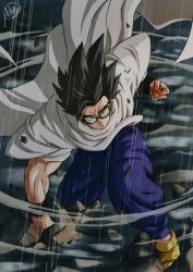 Rule 34 | 1boy, black eyes, black hair, black wristband, cape, clenched hands, commentary request, debris, dougi, dragon ball, dragon ball super, dragon ball super super hero, frown, glasses, highres, kakeru (dbskakeru), looking at viewer, male focus, muscular, muscular male, pants, purple pants, rain, rubble, serious, shoes, signature, solo, son gohan, spiked hair, superhero landing, wet, wet clothes, wet hair, white cape, wristband, yellow footwear