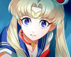 Rule 34 | 1girl, bishoujo senshi sailor moon, blonde hair, blue sailor collar, bow, bowtie, breasts, choker, cleavage, crescent, crescent earrings, derivative work, earrings, from side, hair ornament, heart, heart choker, highres, ippo, jewelry, meme, parted bangs, parted lips, purple eyes, red bow, red bowtie, red choker, sailor collar, sailor moon, sailor moon redraw challenge (meme), school uniform, screenshot redraw, serafuku, solo, sweatdrop, tiara, tsukino usagi, twintails, upper body