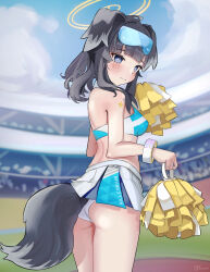 Rule 34 | 1girl, absurdres, animal ears, arm tattoo, ass, black hair, blue archive, blue sky, blunt bangs, bracelet, breasts, cheerleader, cloud, cloudy sky, commentary request, dog ears, dog girl, dog tail, eyewear on head, fosqie, from behind, grey eyes, halo, hibiki (blue archive), hibiki (cheer squad) (blue archive), highres, holding, holding pom poms, jewelry, long hair, looking at viewer, looking back, medium breasts, midriff, millennium cheerleader outfit (blue archive), official alternate costume, outdoors, panties, pantyshot, pleated skirt, pom pom (cheerleading), pom poms, ponytail, short sleeves, sideboob, sidelocks, skirt, sky, sleeveless, solo, stadium, sunglasses, tail, tattoo, underwear, wavy mouth, wedgie