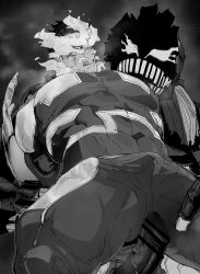 Rule 34 | 2boys, absurdres, anal, bar censor, bara, bodysuit, boku no hero academia, censored, endeavor (boku no hero academia), erection, fire, greyscale, highres, large pectorals, male focus, male penetrated, mature male, migi (mm86262394), monochrome, multiple boys, muscular, muscular male, open mouth, pectorals, penis, sex, short hair, testicles, textless version, thick thighs, thighs, torn bodysuit, torn clothes, yaoi