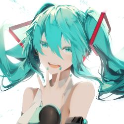 Rule 34 | 1girl, :d, black sleeves, blue eyes, blue hair, blue nails, detached sleeves, floating hair, hair between eyes, hatsune miku, highres, long hair, long sleeves, nail polish, open mouth, saihate (d3), shirt, simple background, sleeveless, sleeveless shirt, smile, solo, twintails, upper body, vocaloid, white background, white shirt