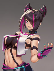 Rule 34 | 1girl, black hair, blue nails, bracelet, breasts, clenched teeth, collar, commentary request, fang, fingernails, gradient background, grey background, hair over one eye, han juri, jewelry, large breasts, looking at viewer, multicolored hair, nail polish, navel, pink hair, short hair, smile, solo, spiked bracelet, spiked collar, spikes, stomach, street fighter, street fighter 6, takanashi-a, teeth, two-tone hair, yellow eyes