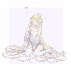 Rule 34 | 1girl, absurdly long hair, absurdres, ahoge, bare shoulders, between legs, blonde hair, blush, breasts, bridal gauntlets, bridal legwear, dress, full body, grey robe, hair ribbon, hand between legs, highres, long hair, looking at viewer, msa (fary white), off shoulder, one eye closed, open clothes, open robe, original, purple eyes, ribbon, robe, short dress, simple background, sitting, sleeveless, sleeveless dress, slit pupils, small breasts, solo, thighhighs, very long hair, wariza, white background, white dress, white thighhighs