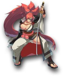 Rule 34 | 1girl, amputee, arc system works, arm guards, armor, artist request, baiken, big hair, black jacket, black kimono, breasts, cleavage, clenched teeth, eyepatch, facial tattoo, fighting stance, greaves, guilty gear, guilty gear strive, jacket, jacket on shoulders, japanese clothes, kataginu, katana, kimono, large breasts, long hair, multicolored clothes, multicolored kimono, official art, one-eyed, open clothes, open kimono, pink hair, ponytail, red eyes, samurai, sandals, sarashi, sash, scar, scar across eye, scar on face, sheath, simple background, solo, sword, tattoo, teeth, thighs, torn sleeve, transparent background, very long hair, weapon, white background
