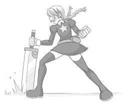 Rule 34 | 1girl, annie (skullgirls), attack, belt, belt pouch, boots, braid, child, clenched hand, dress, fighting stance, greyscale, guilty gear, hair over eyes, monochrome, parody, pouch, rittesora, skullgirls, sol badguy, star (symbol), sword, thigh boots, thighhighs, twin braids, weapon, zettai ryouiki