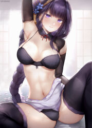 Rule 34 | 1girl, arm up, armpits, artist name, bare shoulders, black bra, black panties, black thighhighs, blue flower, blush, bra, braid, breasts, closed mouth, clothes pull, clothing cutout, commentary, commentary request, english commentary, female focus, flower, genshin impact, hair flower, hair ornament, highres, japanese clothes, kimono, kimono pull, kimoshi, knee up, lace, lace-trimmed bra, lace trim, long hair, looking at viewer, low-braided long hair, low-tied long hair, medium breasts, mixed-language commentary, mole, mole under eye, navel, neck ribbon, paid reward available, panties, petals, purple eyes, purple hair, raiden shogun, red ribbon, ribbon, shoulder cutout, shrug (clothing), single braid, sitting, smile, solo, spread legs, stomach, string bra, sweat, tassel, tassel hair ornament, thighhighs, thighs, underwear, very long hair