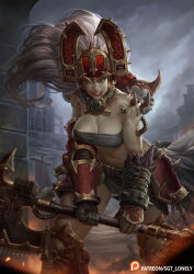 Rule 34 | 1girl, abs, adeptus astartes, axe, belt, bracer, breasts, chain axe, chaos (warhammer), chaos space marine, cleavage, fake horns, fang, gloves, green eyes, helmet, highres, horned headwear, horned helmet, horns, khorne, large breasts, loincloth, long hair, muscular, muscular female, sarashi, sgt lonely, skin-covered horns, solo, teeth, warhammer 40k, white hair