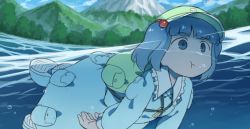 Rule 34 | 1girl, backpack, bag, blue eyes, blue footwear, blue hair, blue sky, blunt bangs, boots, bubble, cloud, cloudy sky, day, dress, dress shirt, forest, hair bobbles, hair ornament, hat, holding breath, kawashiro nitori, key, long sleeves, matching hair/eyes, monosenbei, mountain, mouth under water, nature, partially submerged, partially underwater shot, pocket, rubber boots, shirt, short hair, skirt, skirt set, sky, solo, swimming, touhou, two side up, underwater, water, wet, wet clothes