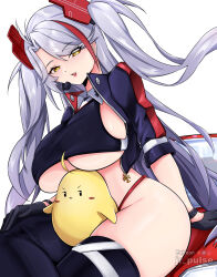 Rule 34 | 1girl, absurdres, antenna hair, arm support, artist name, azur lane, black gloves, breasts, clothing cutout, cropped jacket, cropped shirt, crossed legs, earpiece, gloves, half gloves, highres, jacket, jrpulse, large breasts, long hair, manjuu (azur lane), multicolored hair, official alternate costume, open mouth, orange eyes, panties, panty straps, prinz eugen (azur lane), prinz eugen (final lap) (azur lane), purple jacket, race queen, red panties, sideboob, sitting, streaked hair, thighhighs, thighs, two side up, underboob, underboob cutout, underwear, white background, white hair