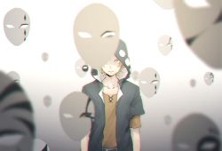 Rule 34 | 1boy, arms at sides, blonde hair, colored eyelashes, floating, floating object, hood, jacket, kagerou project, kano shuuya, layered sleeves, male focus, mask, nekome3, open clothes, open jacket, red eyes, short sleeves, solo, unworn mask, vocaloid, yobanashi deceive (vocaloid)