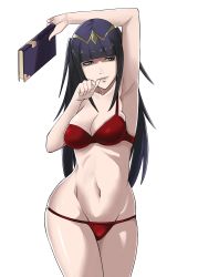 Rule 34 | 1girl, arm up, armpits, bikini, black hair, breasts, cape, cleavage, fire emblem, fire emblem awakening, fire emblem heroes, highres, j@ck, long hair, medium breasts, navel, nintendo, parted lips, purple eyes, red bikini, smile, solo, standing, swimsuit, tharja (fire emblem), thighs, tiara, two side up, wide hips