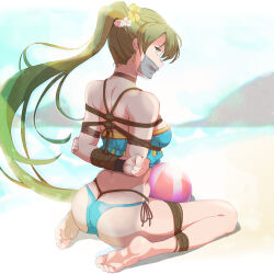 Rule 34 | absurdres, arms behind back, bdsm, bondage, bound, boxtie, copyright request, gag, gagged, highres, improvised gag, looking back, lyn (fire emblem), lyn (summer) (fire emblem), non-web source, shibari, tape, tape gag, tiedtiki, worried