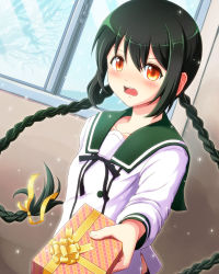 Rule 34 | 1girl, :d, black hair, braid, brown eyes, ensemble girls!, floating hair, highres, incoming gift, indoors, long hair, long sleeves, looking at viewer, looking back, midori fumi, open mouth, outstretched arm, sailor collar, school uniform, serafuku, shirt, smile, solo, striped, takamine (smdx), takamine tsukumo, twin braids, valentine, vertical stripes, white shirt, window