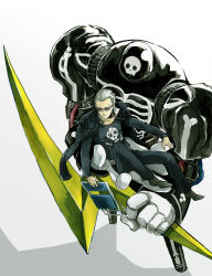 Rule 34 | 2boys, atlus, bad id, bad pixiv id, belt, blonde hair, bullet, chair, dual persona, folding chair, glasses, highres, jacket, jacket on shoulders, jewelry, jolly roger, lightning bolt symbol, long sleeves, looking down, multiple boys, necklace, notmo, pants, persona, persona 4, scar, shoes, short hair, skull and crossbones, sunglasses, take-mikazuchi, tatsumi kanji, widow&#039;s peak