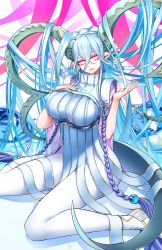 Rule 34 | + +, 1girl, blush, braid, breasts, casul, curled horns, dress, fate/grand order, fate/grand order arcade, fate (series), hair between eyes, highres, horns, large breasts, larva tiamat (fate), larva tiamat (third ascension) (fate), long hair, long horns, long sleeves, looking at viewer, pantyhose, pink eyes, pointy ears, ribbed dress, sidelocks, silver hair, sitting, smile, solo, symbol-shaped pupils, tiamat (fate), very long hair, wariza, white dress, white pantyhose