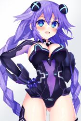 Rule 34 | 1girl, blue eyes, blush, bodysuit, braid, breasts, cleavage cutout, clothing cutout, covered navel, dolnippy, hand on own hip, highres, large breasts, legs, long hair, looking at viewer, neptune (series), open mouth, purple hair, purple heart (neptunia), smile, solo, thighs, twin braids