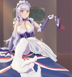 Rule 34 | 1girl, apron, arm guards, azur lane, belfast (azur lane), black choker, blurry, blurry background, blush, breasts, chain, choker, cleavage, collar, commentary request, corset, dress, elbow gloves, feet, frills, gloves, large breasts, long hair, maid, maid apron, maid headdress, pantyhose, pov, pov hands, purple eyes, purple gloves, qingjiao rou si, shoes, unworn shoes, silver hair, sitting, sleeveless, sleeveless dress, smile, solo focus, waist apron, white apron, white dress, white gloves, white pantyhose, world map