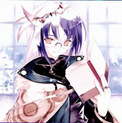 Rule 34 | 00s, aquarian age, book, glasses, hat, highres, jewelry, purple hair, ring, robe, short hair, smile, solo, sumi keiichi