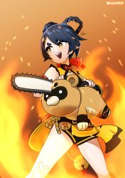 Rule 34 | 1girl, :d, black hair, braid, chainsaw, chainsaw man, chinese clothes, commentary request, fire, genshin impact, guoba (genshin impact), hair between eyes, hair ornament, hairclip, highres, holding, kodineun haengbokhada, medium hair, open mouth, parody, parted bangs, red panda, sidelocks, simple background, sleeveless, smile, thick eyebrows, twin braids, xiangling (genshin impact), yellow eyes