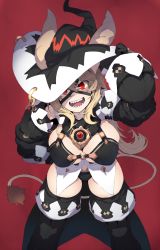 Rule 34 | &gt;:d, :d, animal ears, black bra, black panties, black thighhighs, bra, breasts, cleavage, detached sleeves, ears through headwear, from above, ganesagi, gloves, hat, highres, large breasts, lion ears, lion tail, looking at viewer, open mouth, original, panties, puffy detached sleeves, puffy sleeves, red background, red eyes, sharp teeth, smile, solo, tail, teeth, thighhighs, underwear, v-shaped eyebrows, witch hat