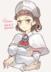 Rule 34 | 1girl, blush, brown eyes, brown hair, capelet, character name, closed mouth, dated, detached sleeves, expressionless, eyewear strap, glasses, kantai collection, kasumi (skchkko), long sleeves, looking at viewer, pince-nez, roma (kancolle), round eyewear, short hair, simple background, solo, twitter username, visor cap, white background, white capelet