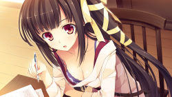 Rule 34 | 1girl, belt, blush, bra, breasts, brown hair, chair, cleavage, desk, downblouse, game cg, hair ribbon, koikishi purely kiss, lace, lingerie, long hair, one side up, open mouth, paper, pen, red eyes, ribbon, shidou mana, small breasts, solo, studying, underwear, yuuki hagure