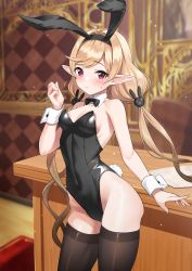 Rule 34 | 1girl, alternate costume, animal ears, bare arms, bare shoulders, black leotard, blonde hair, bow, bowtie, breasts, covered navel, detached collar, elf, fake animal ears, fake tail, hairband, highleg, highleg leotard, highres, leotard, long hair, looking at viewer, low twintails, playboy bunny, pointy ears, rabbit ears, rabbit tail, red eyes, sennen sensou aigis, sidelocks, small breasts, solo, strapless, strapless leotard, sweatdrop, tail, tamakaga, thighhighs, thighs, twintails, tytto (sennen sensou aigis), very long hair, wrist cuffs
