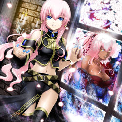 Rule 34 | 2girls, against glass, armband, asymmetrical sleeves, bad id, bad pixiv id, bare shoulders, belt, black legwear, black skirt, blue eyes, blue gemstone, blue nails, bracelet, breasts, brick, brooch, candle, cherry blossoms, cleavage, dark-skinned female, dark skin, detached sleeves, dual persona, dutch angle, female focus, gem, hair between eyes, headphones, highres, japanese clothes, jewelry, kuromayu, large breasts, legs, long hair, long skirt, looking at viewer, megurine luka, microphone, midriff, multiple belts, multiple girls, nail polish, navel, neck, off shoulder, open mouth, orange eyes, outstretched hand, parted lips, petals, pink hair, ponytail, side slit, single sleeve, skirt, sleeveless, sleeveless turtleneck, thighhighs, turtleneck, uneven sleeves, vocaloid, window, yellow detached sleeves