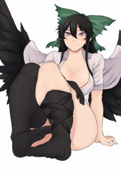 Rule 34 | 1girl, areola slip, arm support, asymmetrical clothes, bird wings, black gloves, black hair, black thighhighs, black wings, bottomless, bow, breasts, cape, cleavage, collared shirt, commentary, covered erect nipples, feathered wings, feet, gloves, hair between eyes, hair bow, hand on own thigh, highres, knees together feet apart, knees up, large breasts, looking at viewer, nicutoka, open clothes, open shirt, red eyes, reiuji utsuho, shirt, simple background, single glove, single sock, single thighhigh, sitting, skindentation, smile, socks, solo, thighhighs, touhou, white background, wings